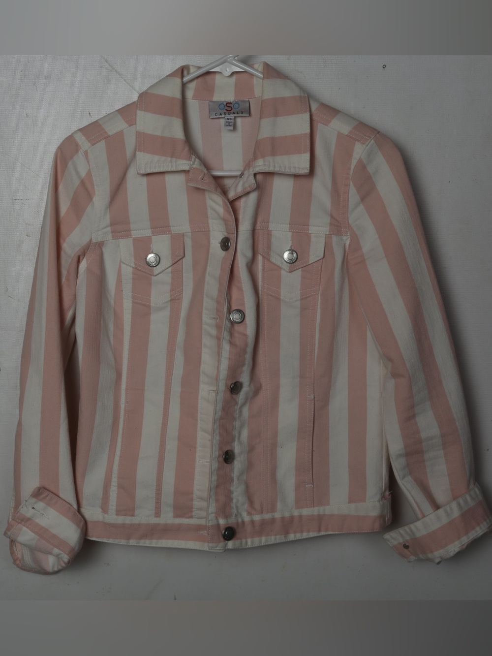 OSO casual Pink & White Striped Jean Jacket - Classic Button-Front